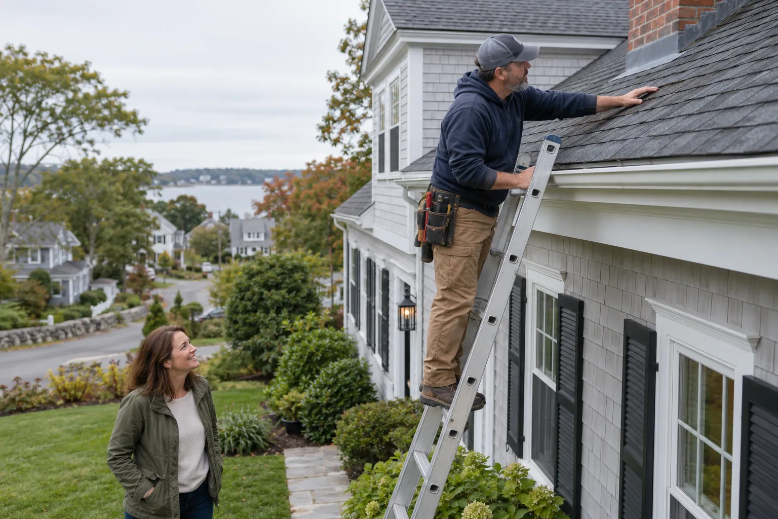 A local roofing provider inspecting a shingle roof for leaks on a home in Marlborough